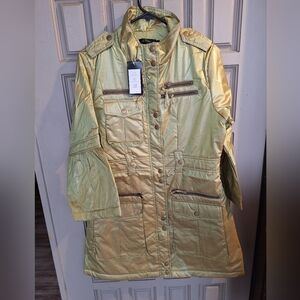 Green/Gold Women's Jacket Junior SzL Zip/Snap Front Bell Sleeves MSRP $49.99 NWT